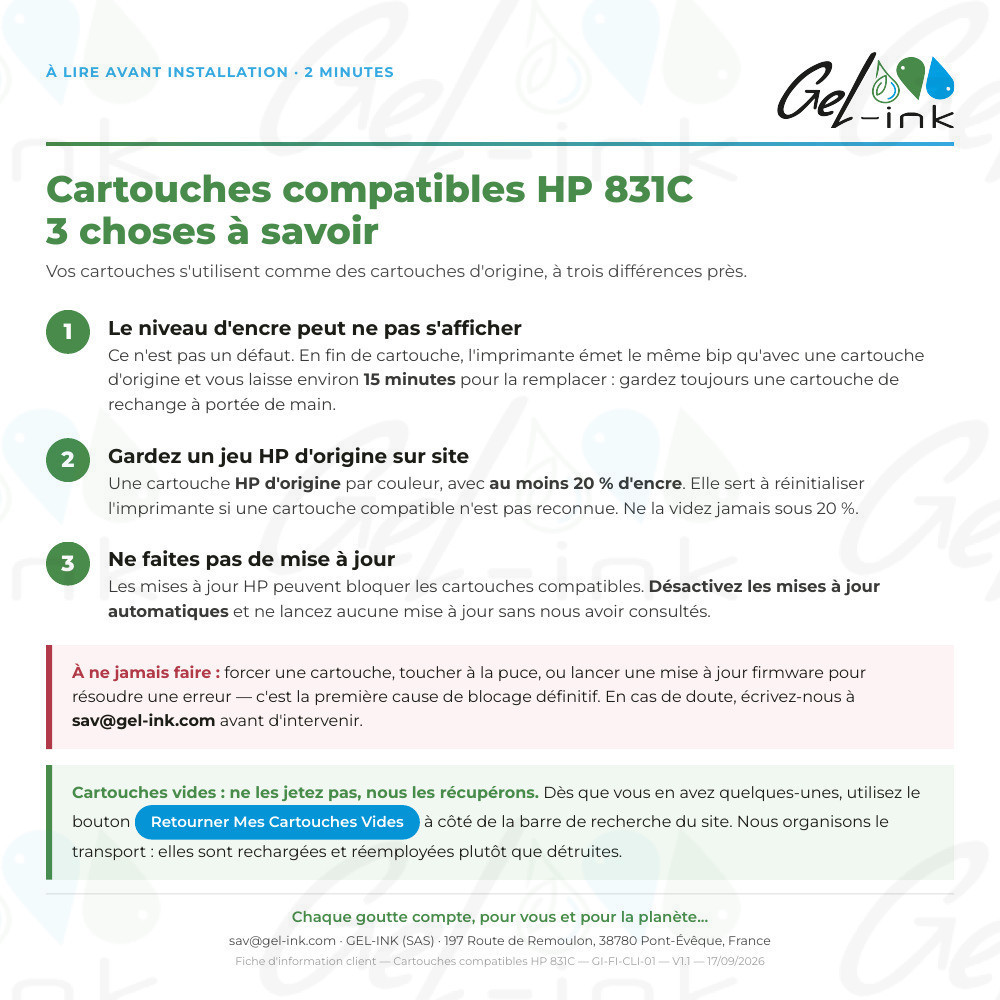 Tinta compatible HP 831C (Cartucho) - Recarga 775 mL – 3 cosas que debe saber (versión en francés)